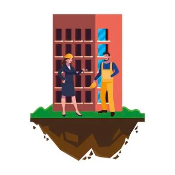 Male builder constructor with woman engineer and building Ilustración de archivo