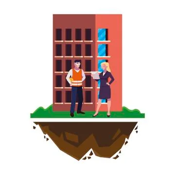 Male builder constructor with woman engineer and building Ilustración de archivo
