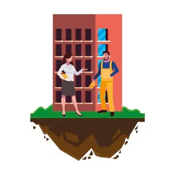 Male builder constructor with woman engineer and building Ilustración de archivo