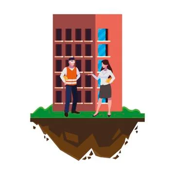 Male builder constructor with woman engineer and building Stock Illustration