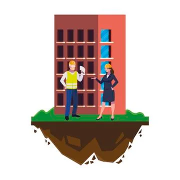 Male builder constructor with woman engineer and building Ilustración de archivo