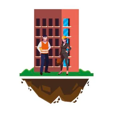 Male builder constructor with woman engineer and building Ilustración de archivo