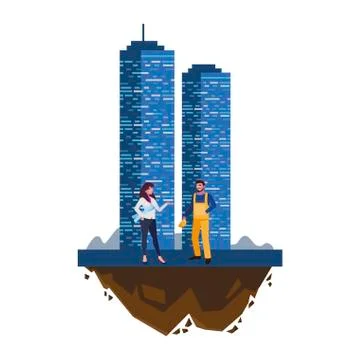 Male builder constructor with woman engineer and building Ilustración de archivo