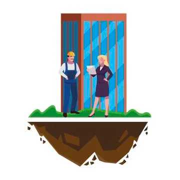 Male builder constructor with woman engineer and building Ilustración de archivo