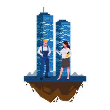 Male builder constructor with woman engineer and building Ilustración de archivo