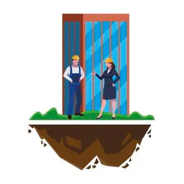 Male builder constructor with woman engineer and building Ilustración de archivo