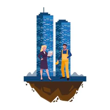 Male builder constructor with woman engineer and building Stock Illustration