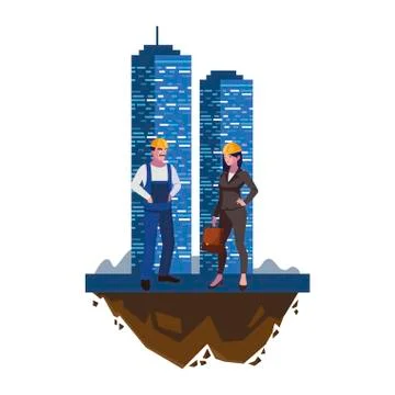 Male builder constructor with woman engineer and building Ilustración de archivo