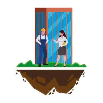 Male builder constructor with woman engineer and building Ilustración de archivo