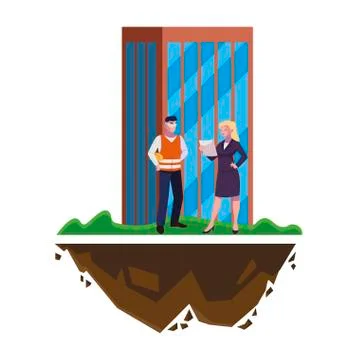 Male builder constructor with woman engineer and building Ilustración de archivo