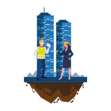 Male builder constructor with woman engineer and building Ilustración de archivo