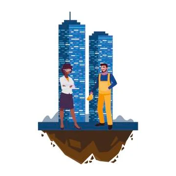 Male builder constructor with woman engineer and building Ilustración de archivo