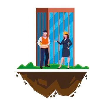 Male builder constructor with woman engineer and building Ilustración de archivo