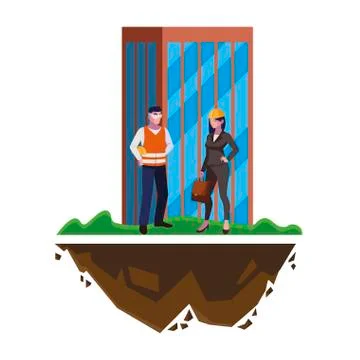 Male builder constructor with woman engineer and building Ilustración de archivo