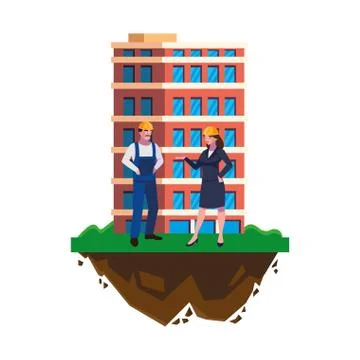 Male builder constructor with woman engineer and building Ilustración de archivo