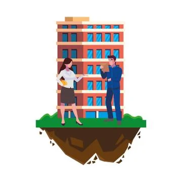 Male builder constructor with woman engineer and building Ilustración de archivo