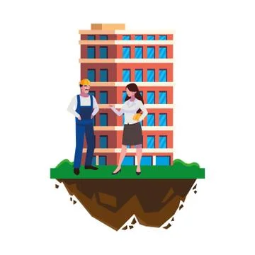 Male builder constructor with woman engineer and building Ilustración de archivo