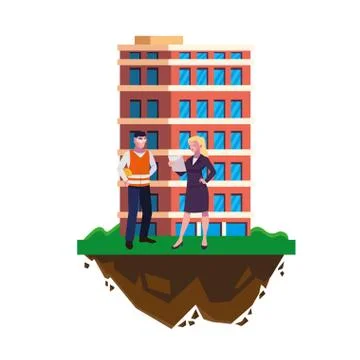 Male builder constructor with woman engineer and building Ilustración de archivo