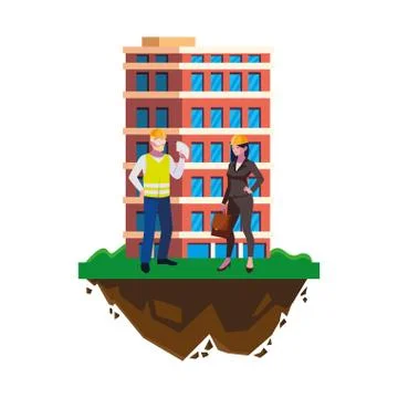 Male builder constructor with woman engineer and building Ilustración de archivo