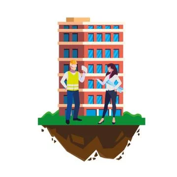 Male builder constructor with woman engineer and building Ilustración de archivo