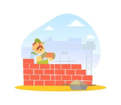 Male Builder Laying Bricks in Wall, Construction Worker Character Vector Stock Illustration