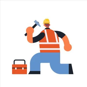 Male builder using hammer and toolbox busy workman industrial construction ca Illustrazione stock