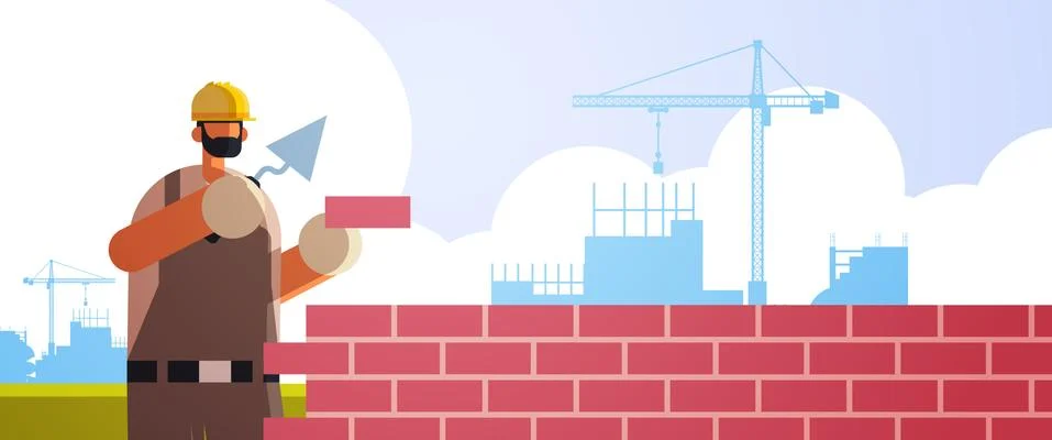 Male builder using spatula workman laying brick wall worker in uniform brickl Illustrazione stock
