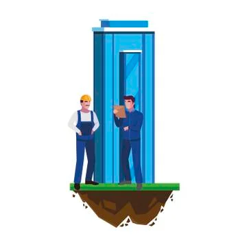 Male builders constructors workers with building Ilustración de archivo