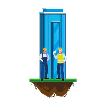Male builders constructors workers with building Ilustración de archivo