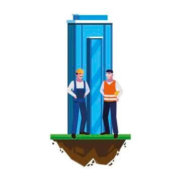Male builders constructors workers with building Ilustración de archivo