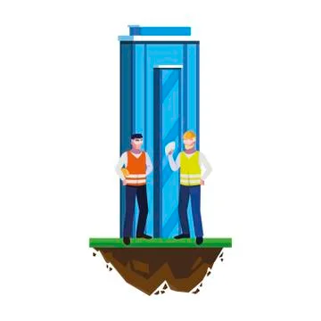 Male builders constructors workers with building Ilustración de archivo