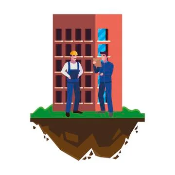 Male builders constructors workers with building Ilustración de archivo