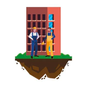 Male builders constructors workers with building Ilustración de archivo