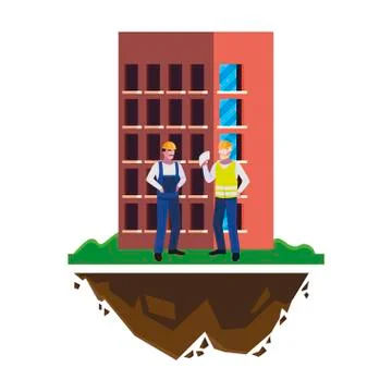 Male builders constructors workers with building Ilustración de archivo