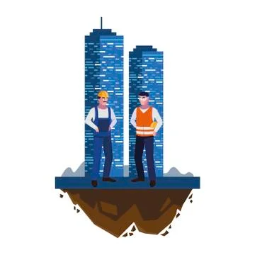 Male builders constructors workers with building Ilustración de archivo