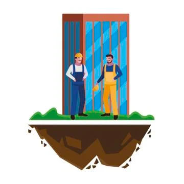 Male builders constructors workers with building Ilustración de archivo