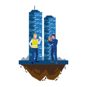 Male builders constructors workers with building Ilustración de archivo
