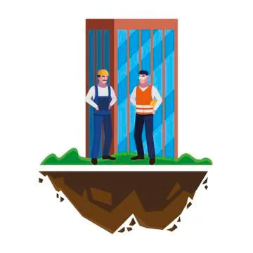 Male builders constructors workers with building Ilustración de archivo