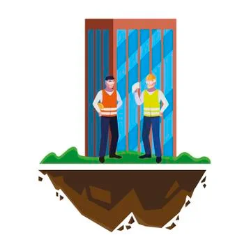 Male builders constructors workers with building Ilustración de archivo