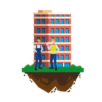 Male builders constructors workers with building Ilustración de archivo