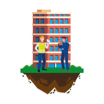 Male builders constructors workers with building Ilustración de archivo
