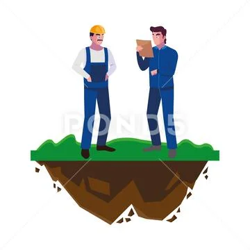 Male builders constructors workers on the lawn Stock Illustration