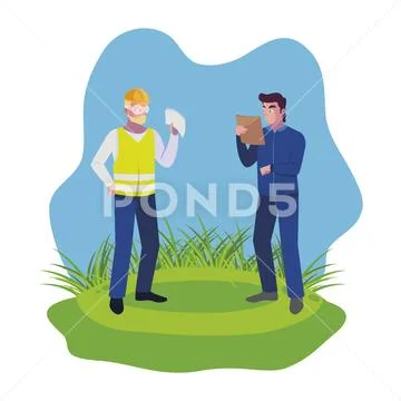 Male builders constructors workers on the lawn Stock Illustration