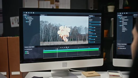 Male Cgi Specialist Editing Explosion Effects on Computer Stock Footage 348353462