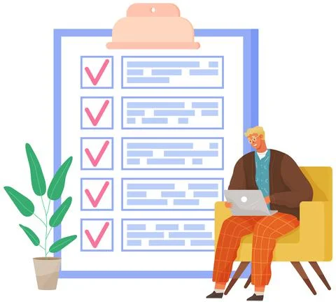 Male character with checklist, task planner program on computer. Man sits with Stock Illustration