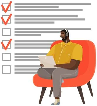 Male character with checklist, task planner program on computer. Man sits with 스톡 일러스트