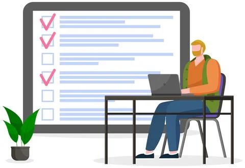 Male character with checklist, task planner program on computer. Man sits with Illustrazione stock