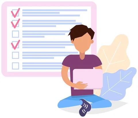 Male character with checklist, task planner program on computer. Man sits with Stock Illustration