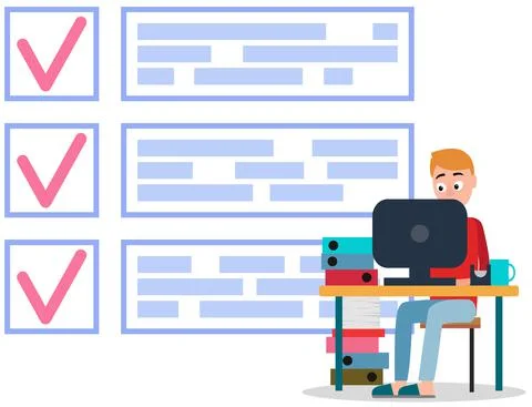 Male character with checklist, task planner program on computer. Man sits with Illustration