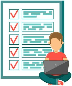 Male character with checklist, task planner program on computer. Man sits with Illustrazione stock